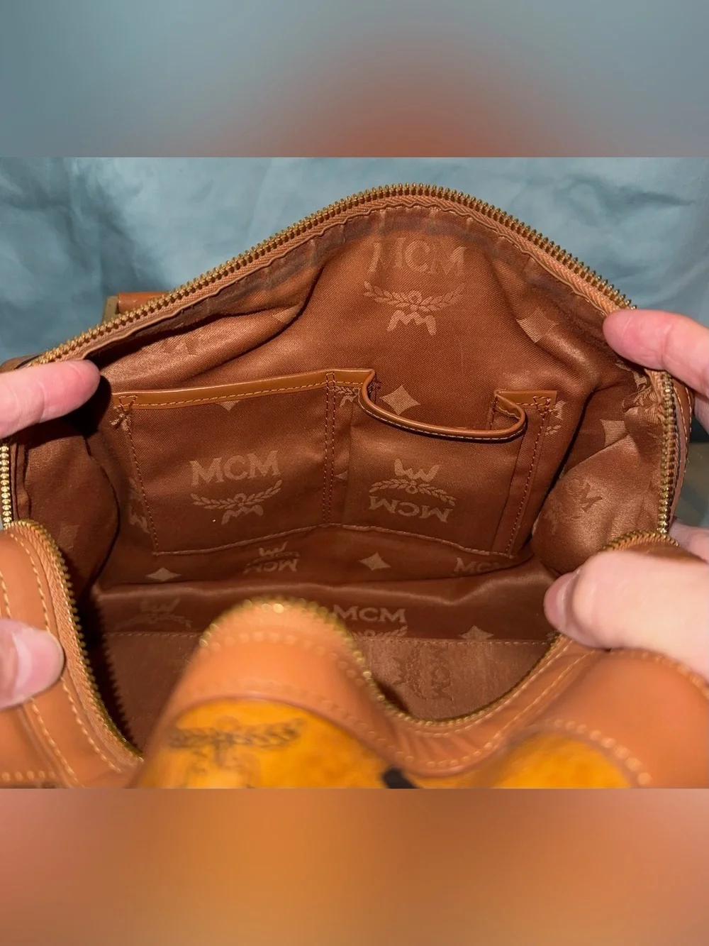 MCM Authentic Cognac Logo Visetos Boston Satchel with Gold Hardware